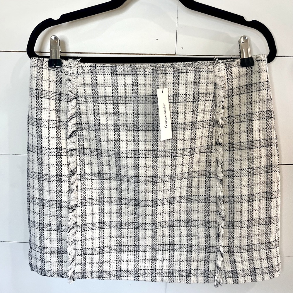 Mi ami by Francesca's Amelia Plaid Fringe Mini Skirt Large NWT Navy & Cream